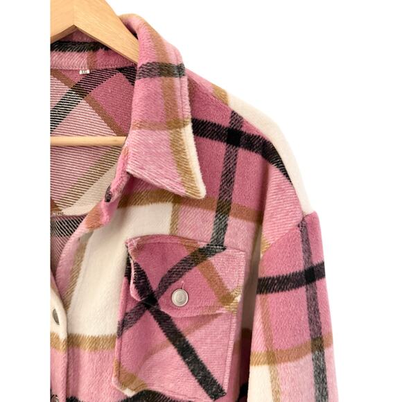 Womens Pink Lapel Plaid Wool Blend Coat Shirt Jacket Shacket XXL M Barn Flannel - Picture 4 of 6